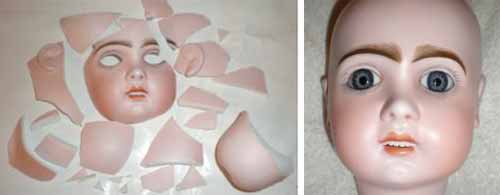 Réparation tête de poupée en porcelaine complètement brisée